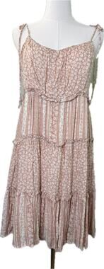 ILLA ILLA Floral/Striped Babydoll Spaghetti Strap Ruffled Seams Sun Dress, Large